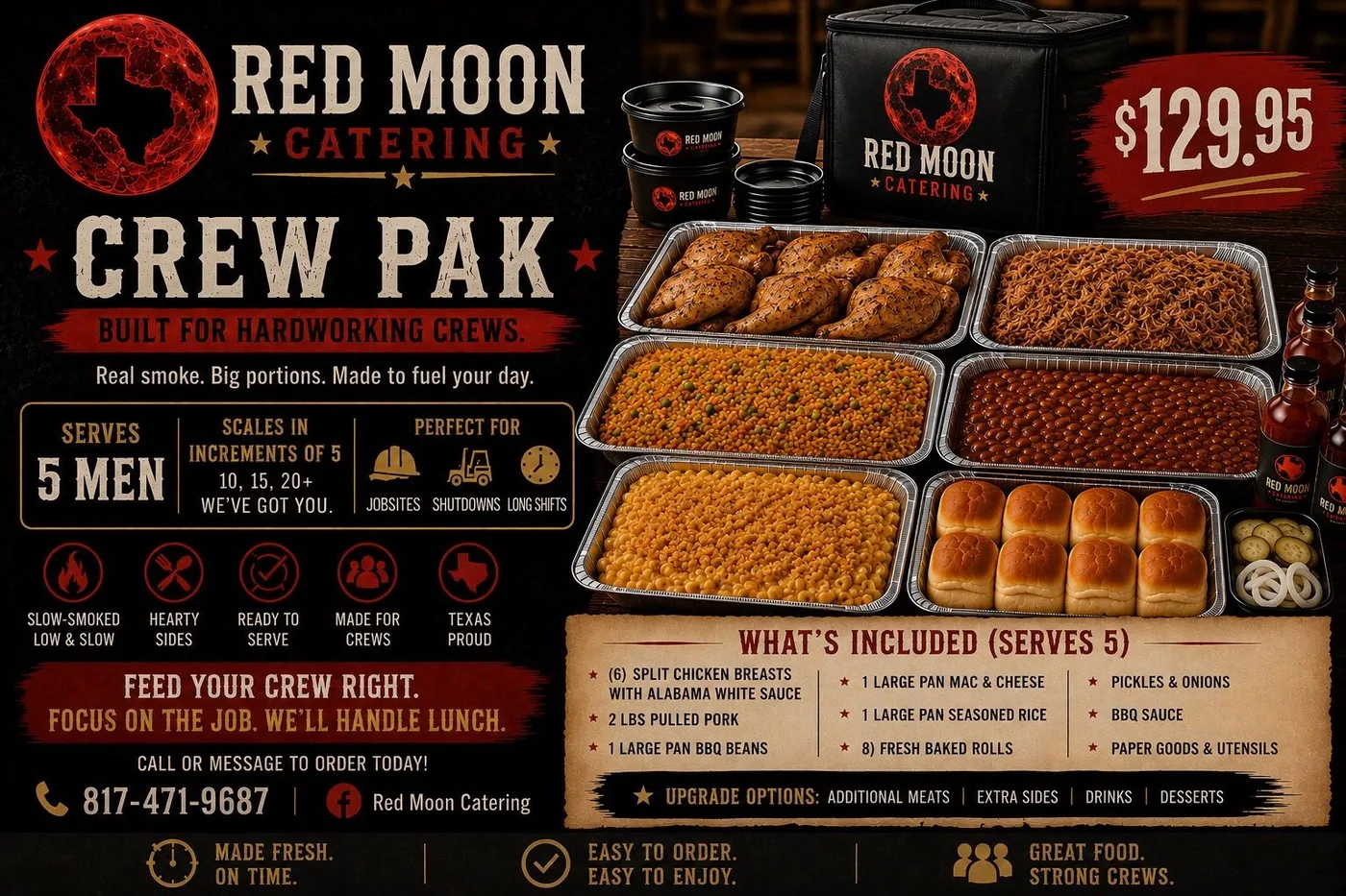 Red Moon Crew Pak with smoked chicken, pork, five sides, rolls, sauce, pickles, and onions